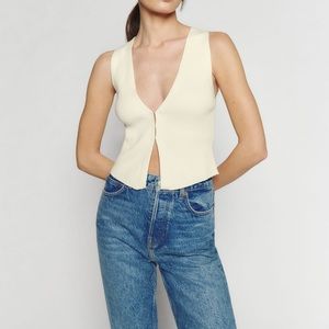 Reformation Cream Ribbed V-Neck Button Front Crop Top
